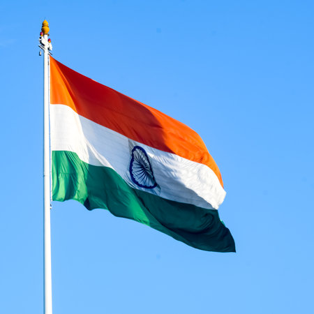 India flag flying high at Connaught Place with pride in blue sky, India flag fluttering, Indian Flag...