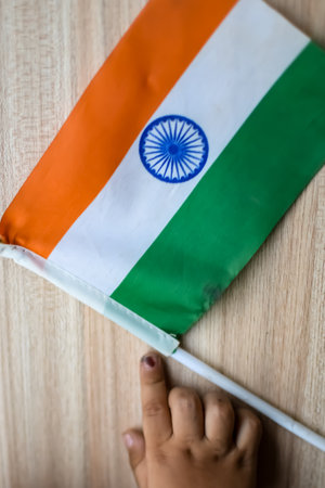 Young voter showing her ink-marked fingers after casting votes near polling booth of east Delhi, India for general Lok Sabha Elections 2024の写真素材