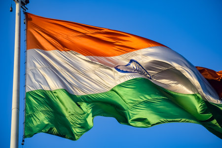 India flag flying high with pride in blue sky, India flag fluttering, Indian Flag on Independence...