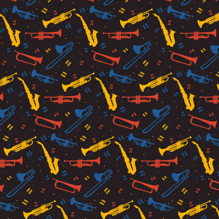 Jazz musical instruments pattern. Editable seamless pattern made of trombones, trumpets and saxophones.のイラスト素材