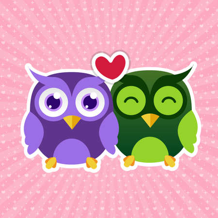 Cute illustration of two owls in love. A couple of owls for Valentine's Dayのイラスト素材