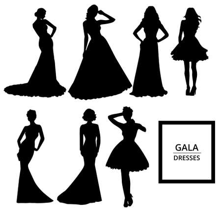 Collection of women silhouette in gala clothesのイラスト素材