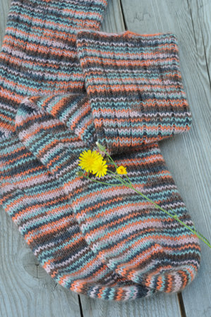 Multicolored socks with a yellow flower on a red background. Warm knitted handmade items.の写真素材