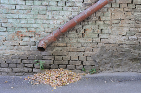 Drain pipe and fallen leaves in the street. Closeup of photo.の写真素材
