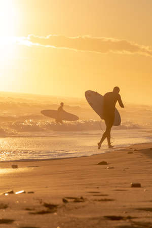 Surfers on the beach running during the golden sunset