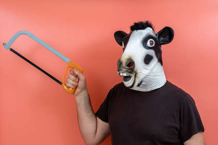 costumed person with a cow's head mask holding a saw with pink backgroundの写真素材
