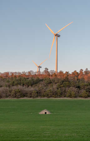 wind turbines jutting out of a forest with an old stone farmer's hut in the middle of a green field of cereal, verticalの写真素材