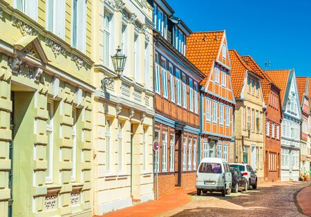 View of a typical German street with the traditional architecture. Stade, Germanyの写真素材