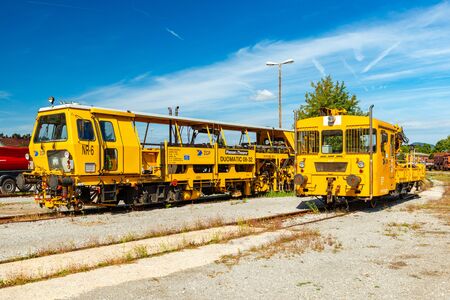Ljubljana - September 2019, Slovenia: Two service-maintenance type trains in The Slovenian Railway Museumのeditorial素材