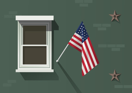 The USA flag hanging on the facade of an old building with a white windowのイラスト素材