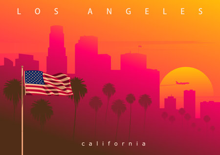 Los Angeles evening skyline, California, USA. Picturesque sunset in the City of Angels (original, not derived image)のイラスト素材