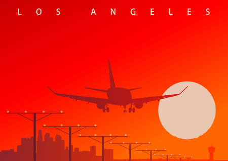 A commercial airliner landing at Los Angeles airport during the sunset. Original vector illustration, (not derivative)のイラスト素材