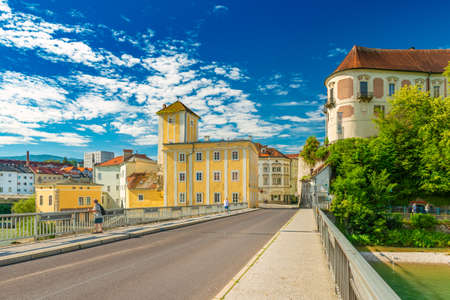 Steyr - June 2020, Austria: View of the Steyr Bridge (ZwischenbrÃ¼cken), the Old Water Tower and Lamberg castleのeditorial素材