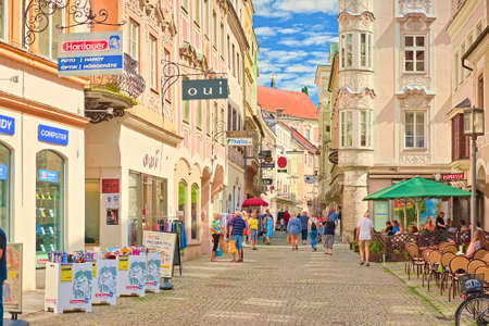Steyr - June 2020, Austria: The main street with beautiful colorful buildings in the traditional...
