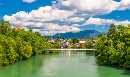 View of the Krka River in the city of Novo Mesto, Sloveniaの写真素材