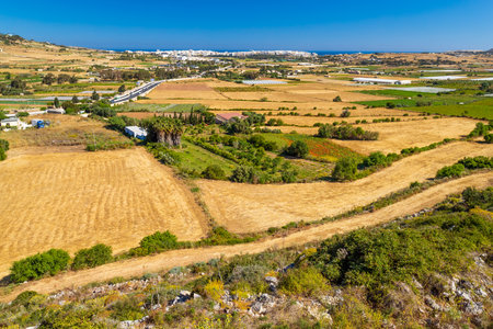 A beautiful view of multiple fields, trees, plants and greenhouses situated in the neighborhood of the city of Mosta, Maltaの写真素材