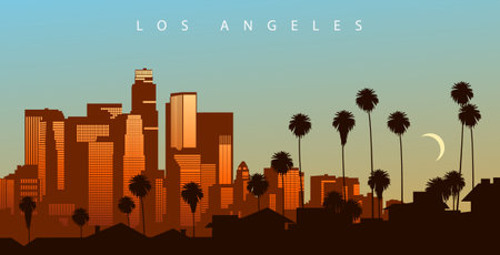 Los Angeles skyline at dusk, California, USAのイラスト素材