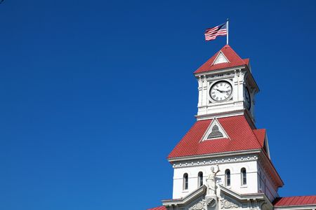 A close up of the historic courthouse tower in Corvallis, Oregonの写真素材
