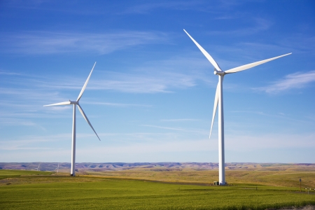 Two wind turbines in the Pacific Nothwestの写真素材