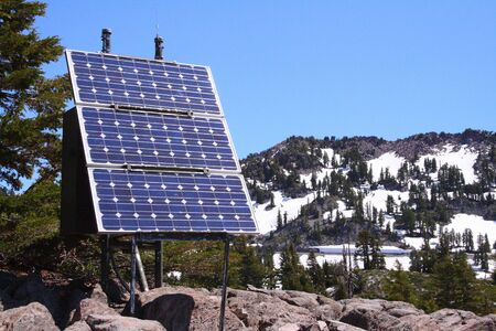 Solar panels in the high Cascade mountains of Northern Californiaの写真素材
