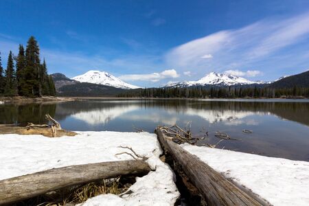 View of South Sister and Broken Top from Sparks Lake, Oregon in Springtimeの写真素材