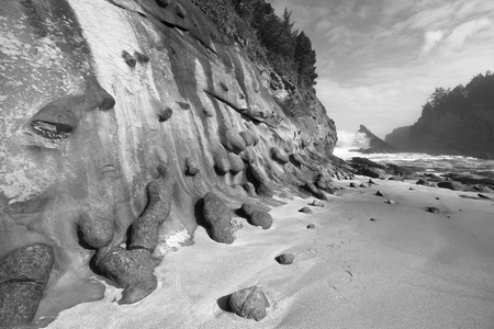 Strange rock formations in black and white on the Oregon coastの写真素材