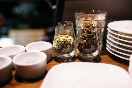 coffee spices on the tableの写真素材
