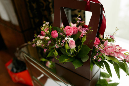 Pink and green bouquet of flowersの写真素材