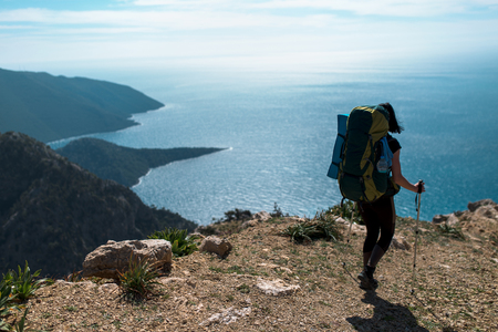 tourist in the mountains, panoramic landscape of the Turkish mountains and the seaの写真素材