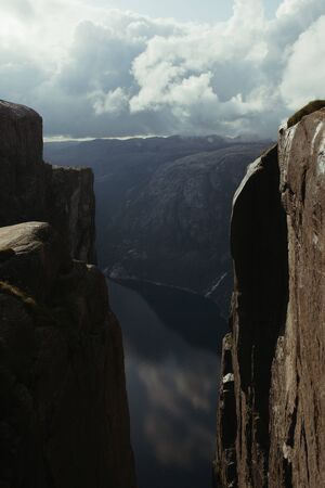 view of the river from the mountains of norway in the eveningの写真素材