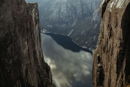 view of the river from the mountains of norway in the eveningの写真素材