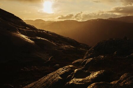 top view of the mountains in norway against the background of cloudsの写真素材
