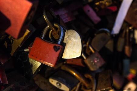 Padlocks on the bridge. Cologne, Germany. Detail view of padlocks from couples at the Hohenzollern Bridge.の写真素材