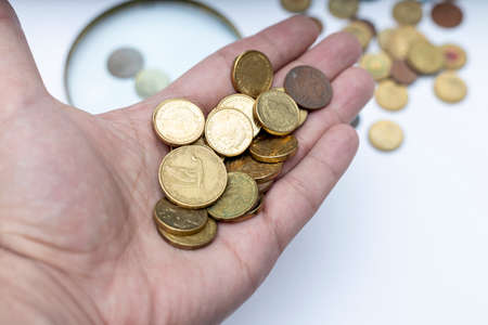 Coins in hand on a white background. The concept of saving money.