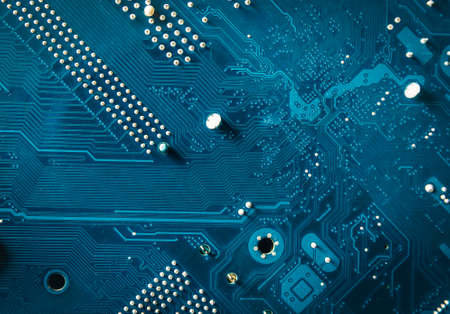 Modern printed circuit board, electronic board, textolite. Abstract banner background. Communication concept.の写真素材