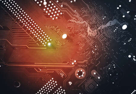 Modern printed circuit board, electronic board, textolite. Abstract banner background. Communication concept.の写真素材