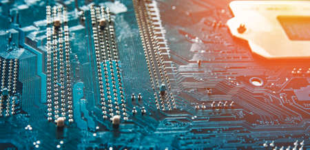 Modern printed circuit board, electronic board, textolite. Abstract banner background. Communication concept.の写真素材