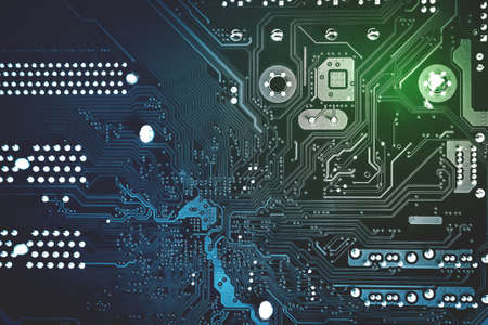 Modern printed circuit board, electronic board, textolite. Abstract banner background. Communication concept.の写真素材