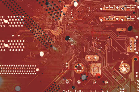 Modern printed circuit board, electronic board, textolite. Abstract banner background. Communication concept.の写真素材