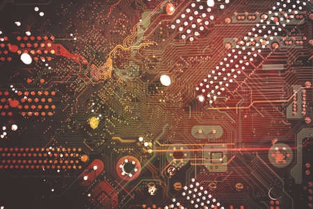 Modern printed circuit board, electronic board, textolite. Abstract banner background. Communication concept.の写真素材