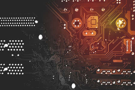 Modern printed circuit board, electronic board, textolite. Abstract banner background. Communication concept.の写真素材