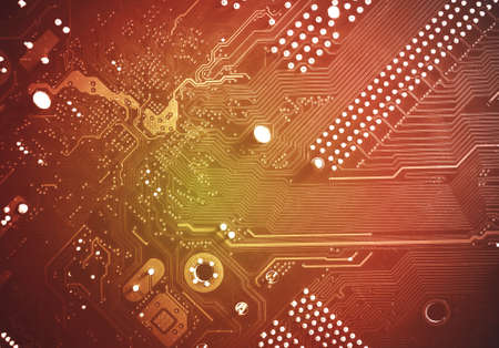 Modern printed circuit board, electronic board, textolite. Abstract banner background. Communication concept.の写真素材
