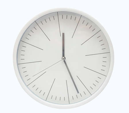 Modern, round, white clock isolated on a white background.