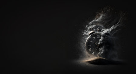 Clock, time management concept, time planning. On a black background. Web banner, free space. Generative AI.の素材