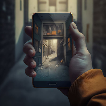A man's hand photographing the street with his cell phone. Generative AI.の素材