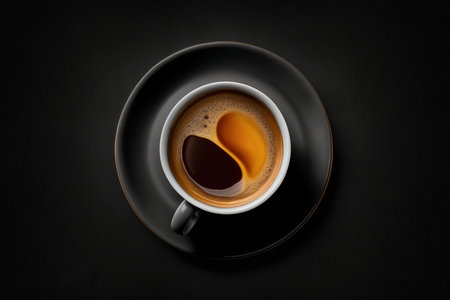 A cup of coffee with an unusually beautiful crema. On a black background. view from above. Generative AI.の素材
