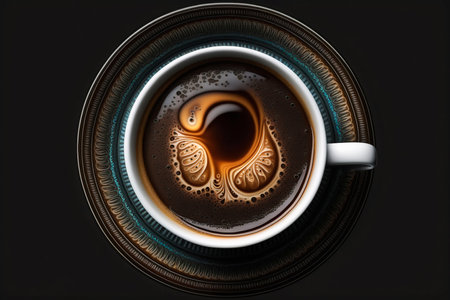 A cup of coffee with an unusually beautiful crema. On a black background. view from above. Generative AI.の素材