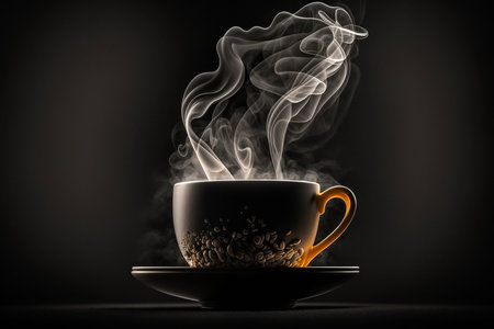 A cup of coffee with steam on a black background. Generative AI.の素材
