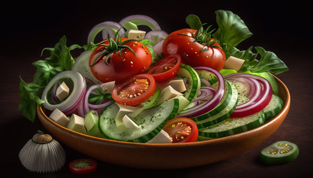 Vegetable salad with tomatoes, herbs, cucumbers sprinkled with spices in a clay bowl. Generative AI.の素材