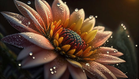 Close-up of a wet flower, dew covers the flower. Generative AI.の素材